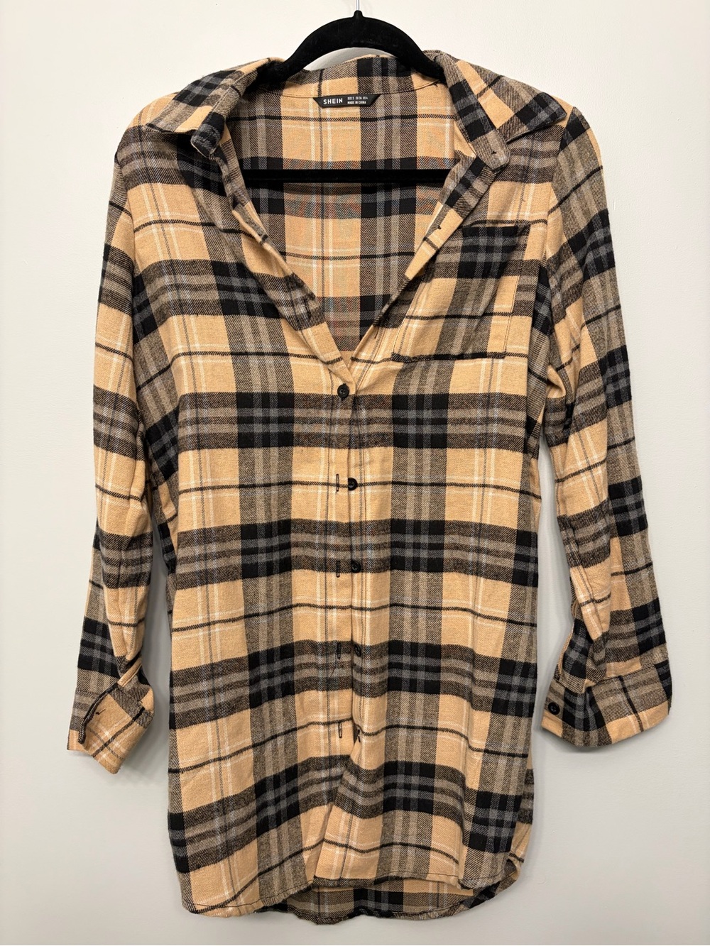 SHEIN Black and Beige Plaid Button-Down Shirt
